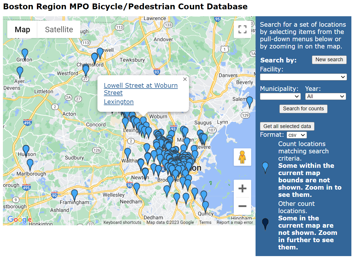 2009 Count Data Application Zoomed for Count Location Selection. An image of the 2009 Count Data Application zoomed in to the Boston region so that the icons representing bicycle and pedestrian data collection points are visible. One icon has been selected, which has pulled up a box containing the hyperlinked name of the data collection location.